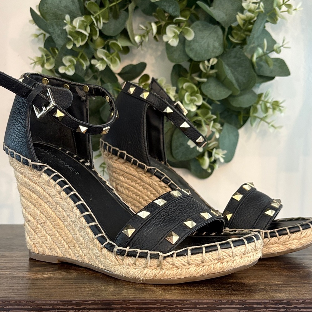 Marc Fisher Black and Tan Studded Wedge Sandals